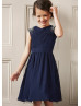 Navy Blue Pleated Chiffon Knee Length Flower Girl Dress